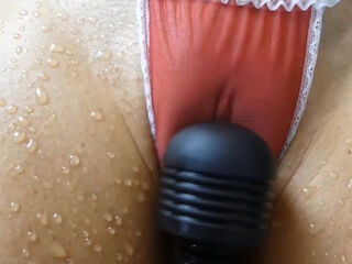 With a Vibrator Pressed To Her Cunt, a Slim Hottie In Red Panties Squirts Like Crazy Several Times