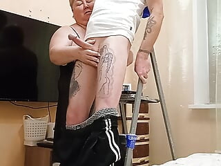 after repairing the chandelier, my mother-in-law jerks off my dick to a cumshot