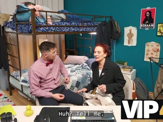 Redhead mature teacher feasts on a naughty student's big cock