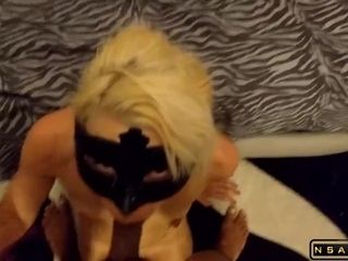 Masked blonde wife gives a blowjob and gets drilled in POV