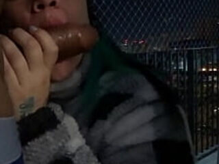 My friend give me a blowjob on the balcony and I fuck her hard