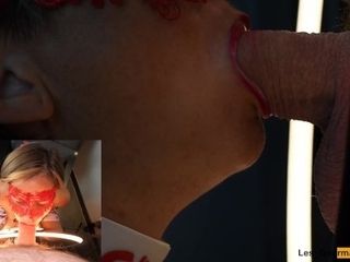 '4K - MILF Slut masked with lipstick gives blowjob & gets all the cum on her tongue in close up'